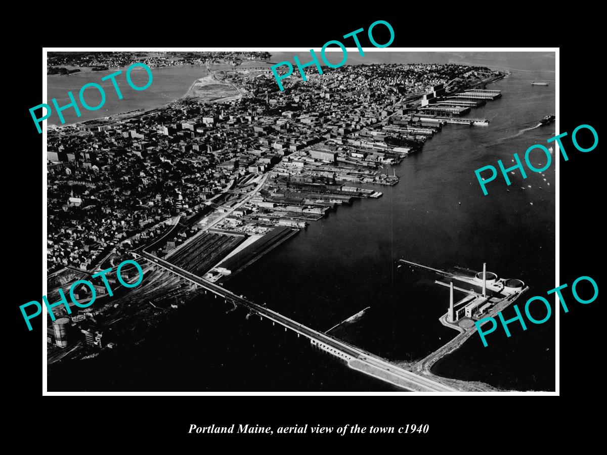 OLD LARGE HISTORIC PHOTO PORTLAND MAINE, AERIAL VIEW OF THE TOWN c1940