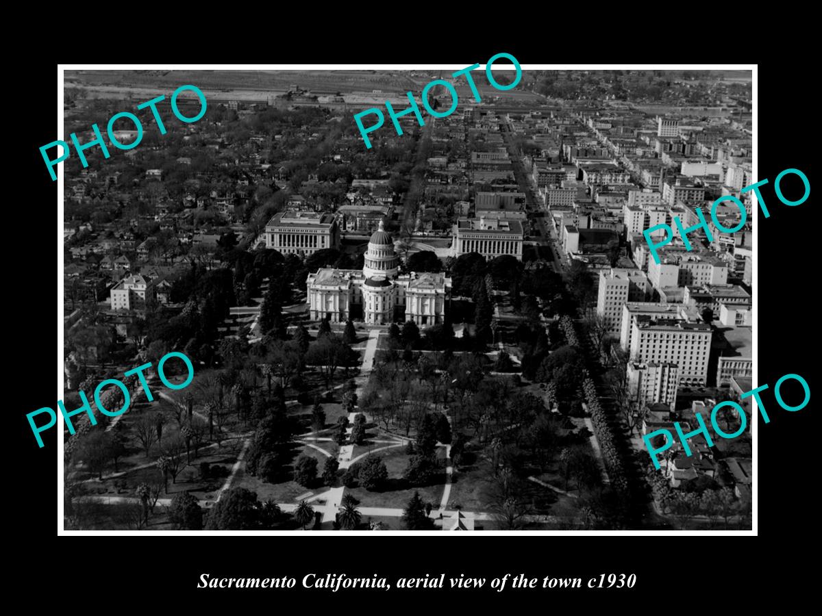 OLD LARGE HISTORIC PHOTO SACRAMENTO CALIFORNIA, AERIAL VIEW OF THE TOWN c1930