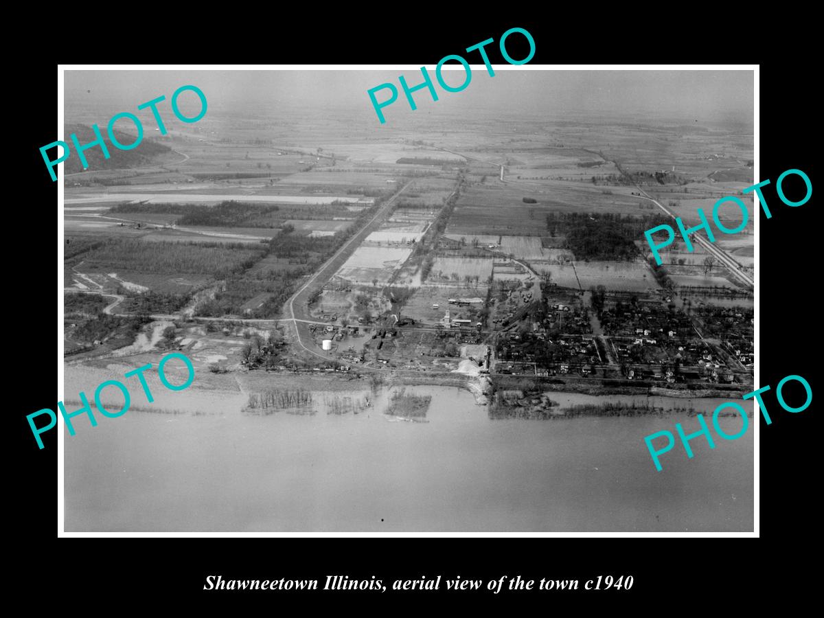 OLD LARGE HISTORIC PHOTO SHAWNEETOWN ILLINOIS, AERIAL VIEW OF THE TOWN c1940