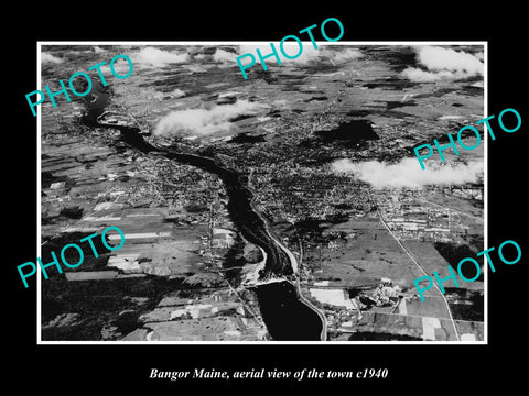 OLD LARGE HISTORIC PHOTO BANGOR MAINE, AERIAL VIEW OF THE TOWN c1940