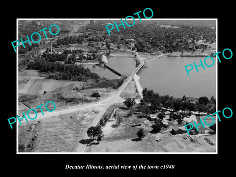 OLD LARGE HISTORIC PHOTO DECATUR ILLINOIS, AERIAL VIEW OF THE TOWN c1940