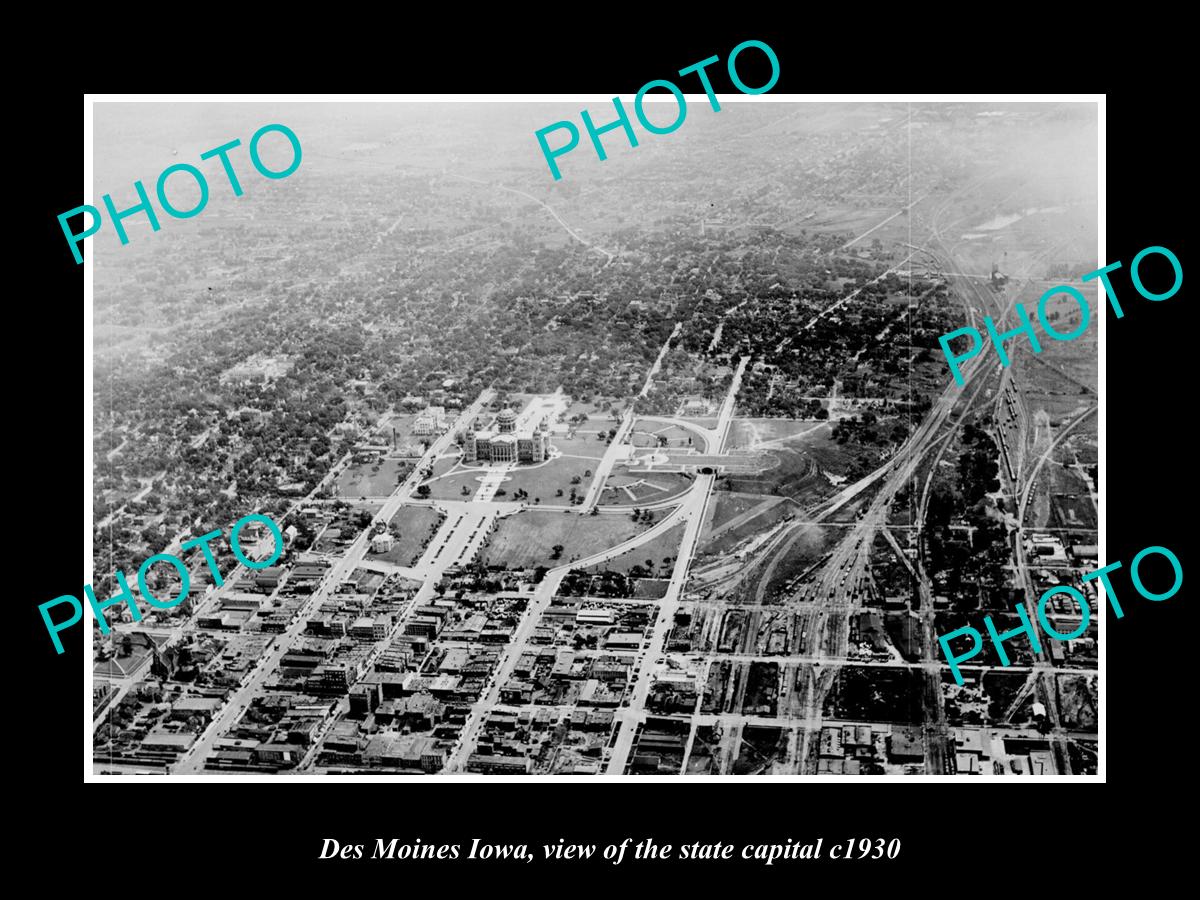 OLD LARGE HISTORIC PHOTO DES MOINES IOWA, AERIAL VIEW OF STATE CAPITOL c1930