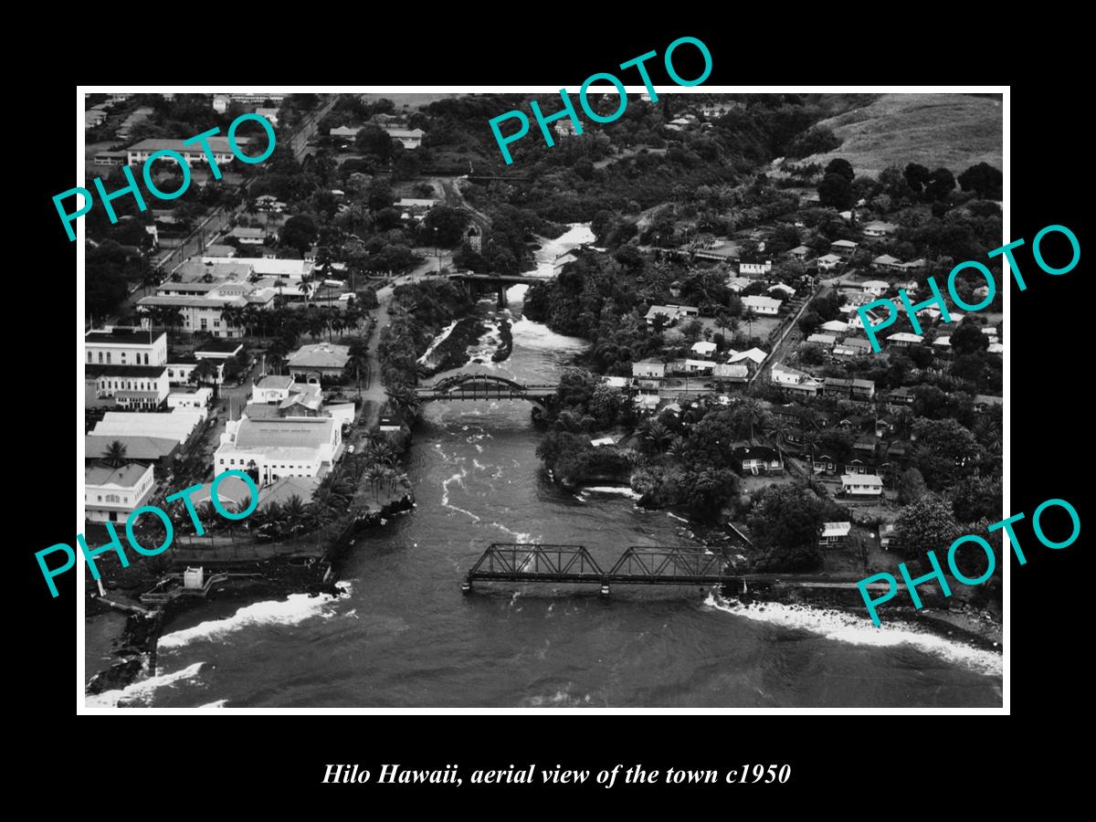 OLD LARGE HISTORIC PHOTO HILO HAWAII, AERIAL VIEW OF THE TOWN c1950