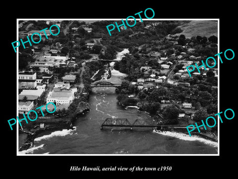 OLD LARGE HISTORIC PHOTO HILO HAWAII, AERIAL VIEW OF THE TOWN c1950