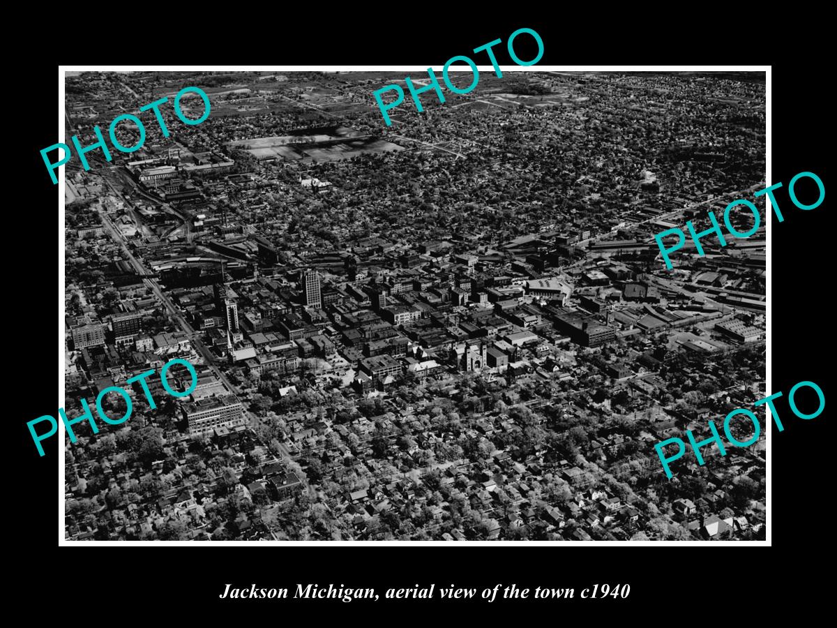 OLD LARGE HISTORIC PHOTO JACKSON MICHIGAN, AERIAL VIEW OF THE TOWN c1940