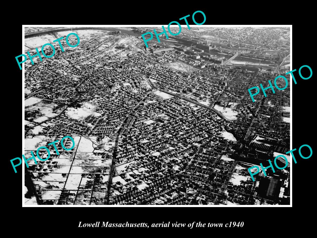 OLD LARGE HISTORIC PHOTO LOWELL MASSACHUSETTS, AERIAL VIEW OF THE TOWN c1940