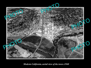 OLD LARGE HISTORIC PHOTO MODESTO CALIFORNIA, AERIAL VIEW OF THE TOWN c1940