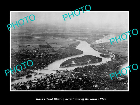 OLD LARGE HISTORIC PHOTO ROCK ISLAND ILLINOIS, AERIAL VIEW OF THE TOWN c1940