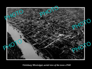 OLD LARGE HISTORIC PHOTO VICKSBURG MISSISSIPPI, AERIAL VIEW OF THE TOWN c1940