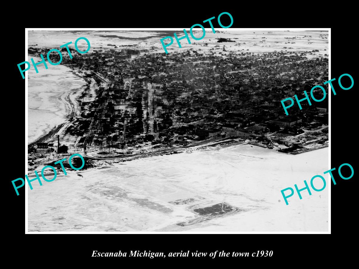 OLD LARGE HISTORIC PHOTO ESCANABA MICHIGAN, AERIAL VIEW OF THE TOWN c1930