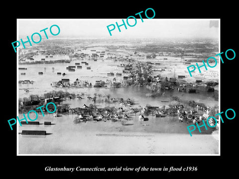 OLD LARGE HISTORIC PHOTO GLASTONBURY CONNECTICUT, AERIAL VIEW OF THE FLOOD c1936
