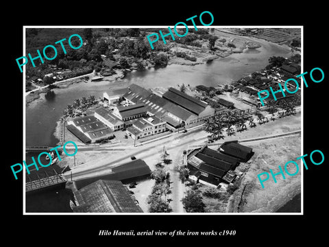 OLD LARGE HISTORIC PHOTO HILO HAWAII, AERIAL VIEW OF THE IRON WORKS c1940