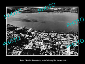 OLD LARGE HISTORIC PHOTO LAKE CHARLES LOUISIANA, AERIAL VIEW OF THE TOWN c1940