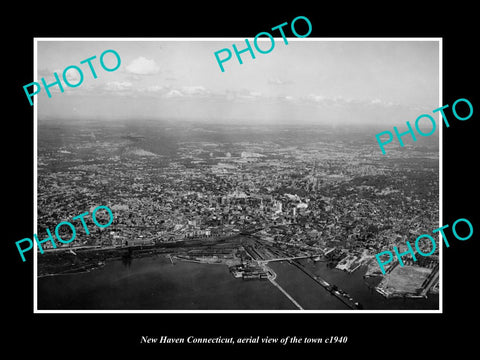 OLD LARGE HISTORIC PHOTO NEW HAVEN CONNECTICUT, AERIAL VIEW OF THE TOWN c1940