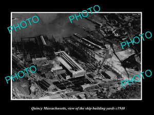 OLD LARGE HISTORIC PHOTO QUINCY MASSACHUSETTS, AERIAL VIEW OF SHIP YARDS c1940