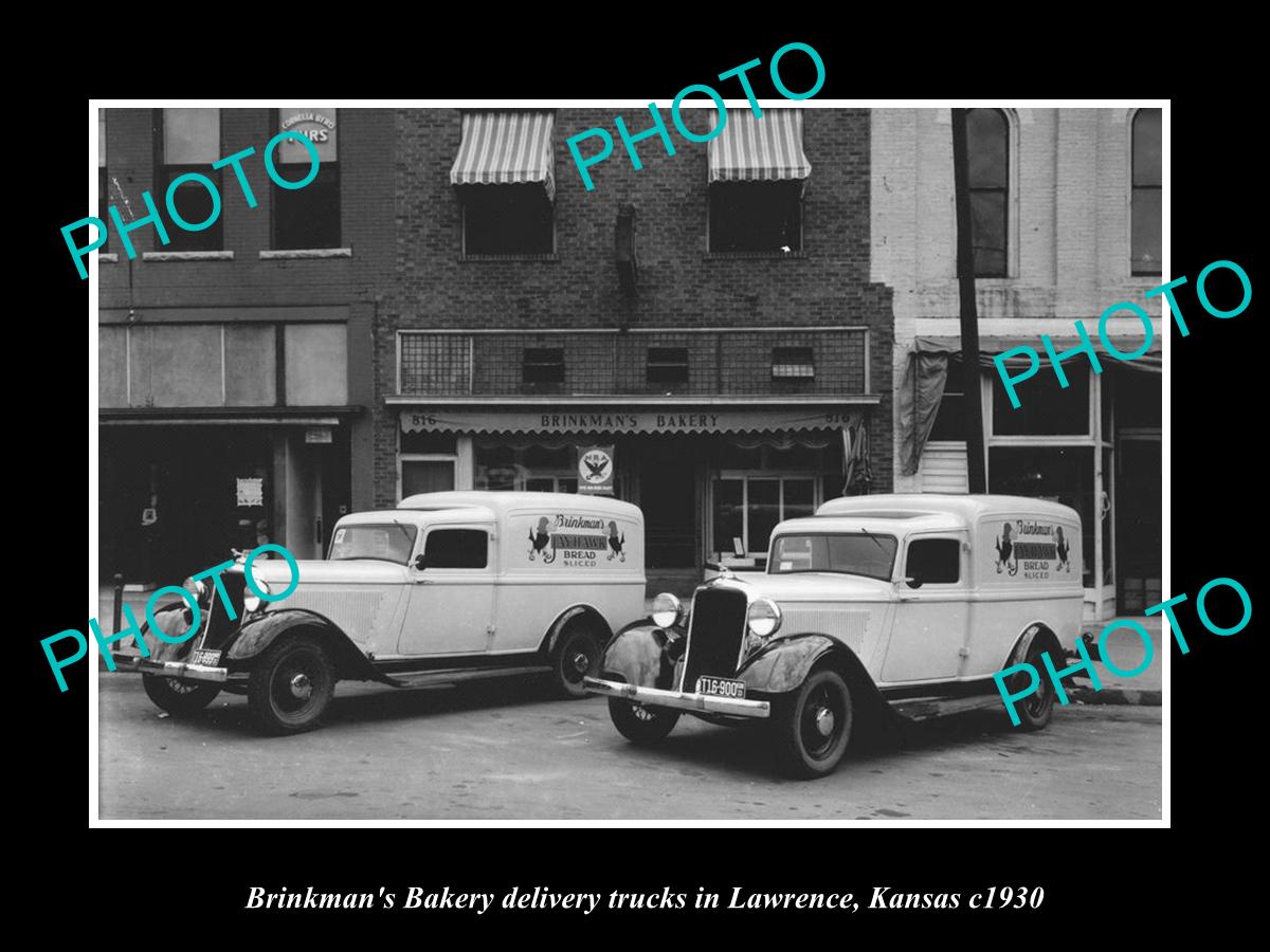 OLD LARGE HISTORIC PHOTO LAWRENCE KANSAS, THE BRINKMAN BAKERY TRUCKS c1930