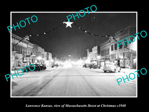 OLD LARGE HISTORIC PHOTO LAWRENCE KANSAS, MASSACHUSETTS ST AT CHRISTMAS c1940