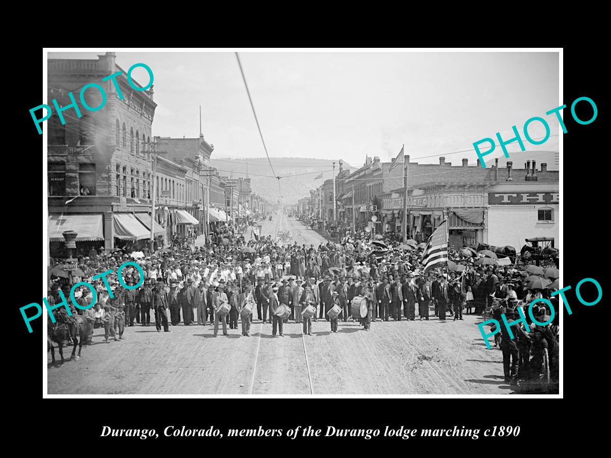 OLD LARGE HISTORIC PHOTO DURANGO COLORADO, THE DURGANO LODGE MARCHING c1890