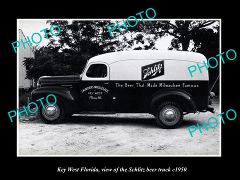 OLD LARGE HISTORIC PHOTO KEY WEST FLORIDA, THE SCHLITZ BEER DELIVERY TRUCK c1950