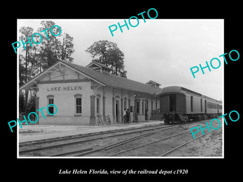 OLD LARGE HISTORIC PHOTO LAKE HELEN FLORIDA, THE RAILROAD DEPOT STATION c1920