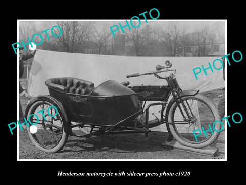 OLD LARGE HISTORIC PHOTO OF HENDERSON MOTORCYCLE PRESS PHOTO, SIDECAR 1 c1920