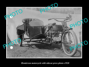 OLD LARGE HISTORIC PHOTO OF HENDERSON MOTORCYCLE PRESS PHOTO, SIDECAR 2 c1920