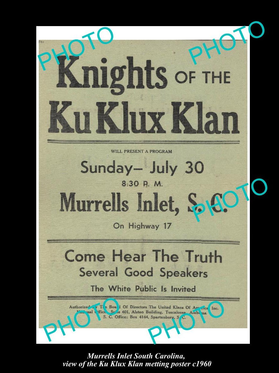 OLD LARGE HISTORIC PHOTO MURRELLS INLET SOUTH CAROLINA, KU KLUX KLAN POSTER 1960