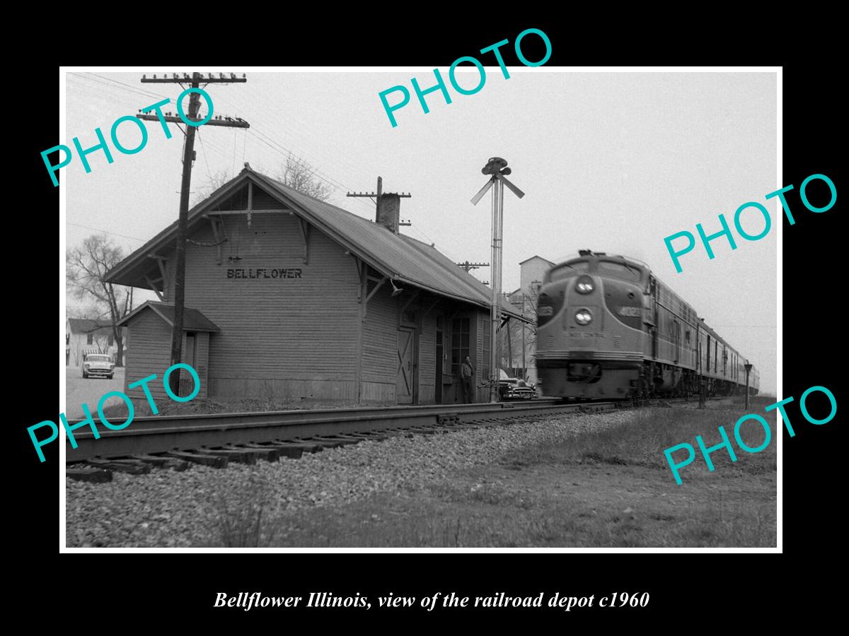 OLD LARGE HISTORIC PHOTO BELLFLOWER ILLINOIS, THE RAILROAD STATION DEPOT c1960