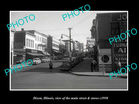 OLD LARGE HISTORIC PHOTO DIXON ILLINOIS, THE MAIN STREET & STORES c1950