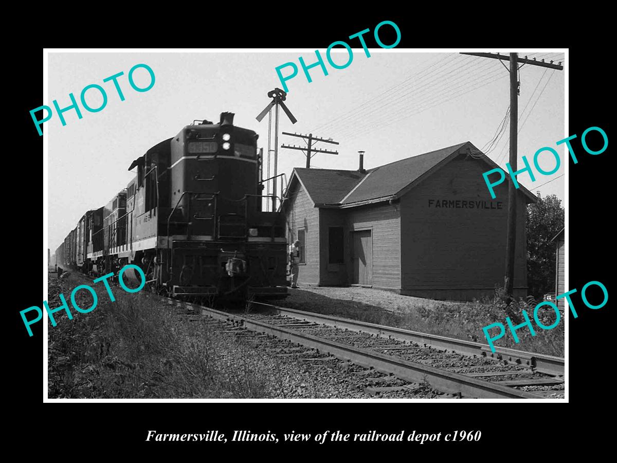 OLD LARGE HISTORIC PHOTO FARMERSVILLE ILLINOIS, THE RAILROAD STATION DEPOT c1960