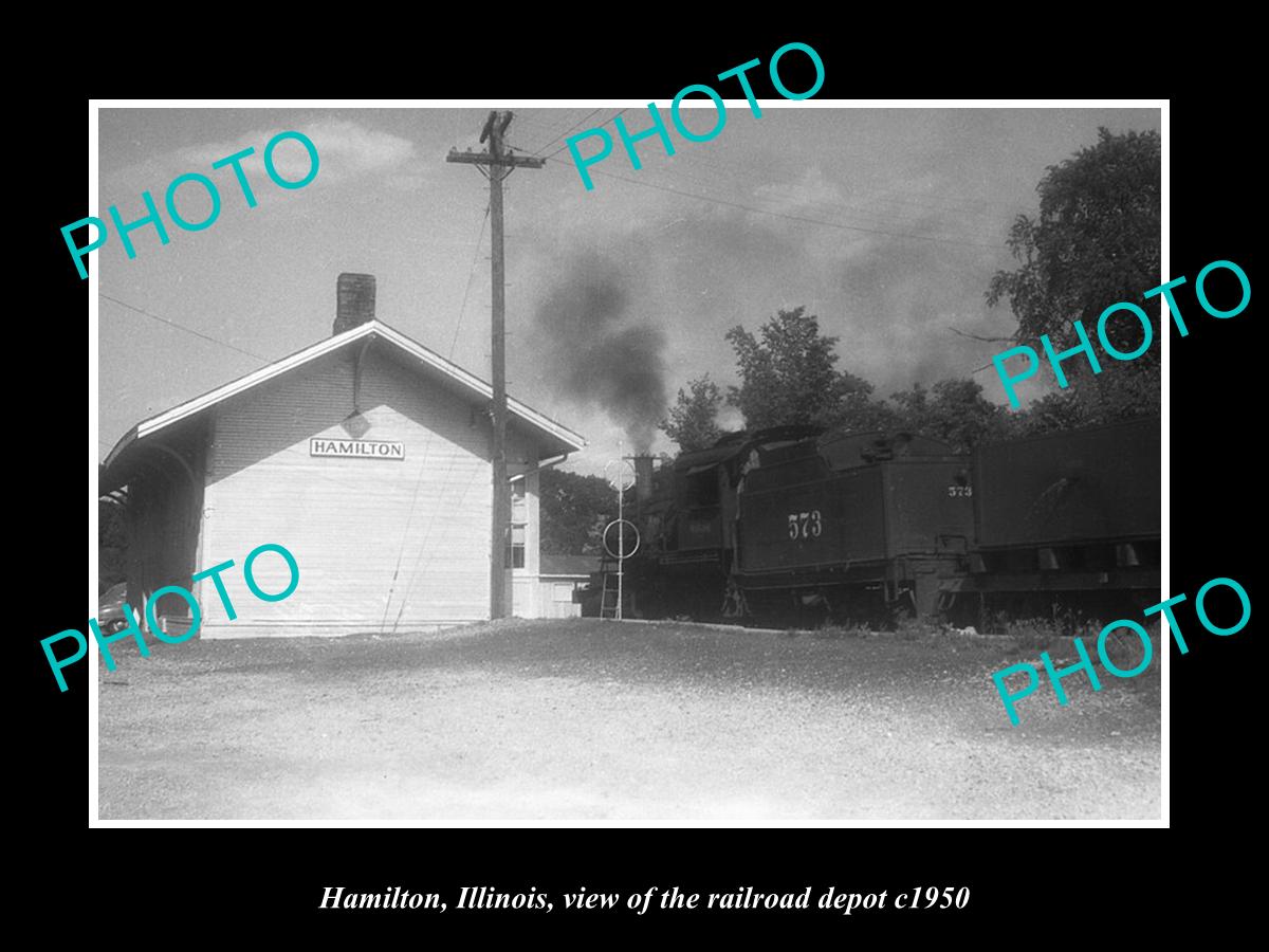 OLD LARGE HISTORIC PHOTO HAMILTON ILLINOIS, THE RAILROAD STATION DEPOT c1950