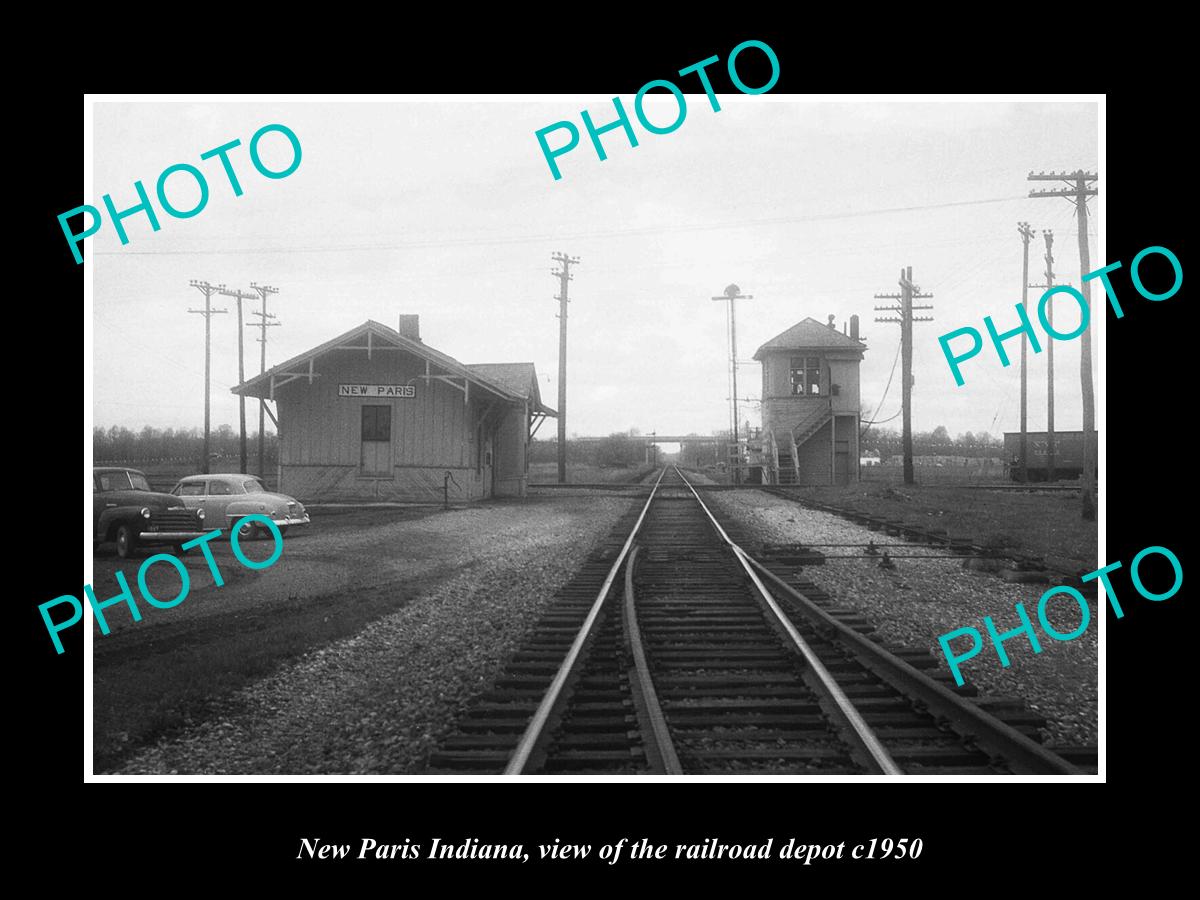 OLD LARGE HISTORIC PHOTO NEW PARIS INDIANA, THE RAILROAD STATION DEPOT c1950