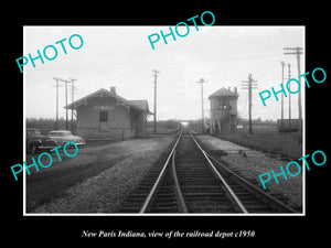 OLD LARGE HISTORIC PHOTO NEW PARIS INDIANA, THE RAILROAD STATION DEPOT c1950