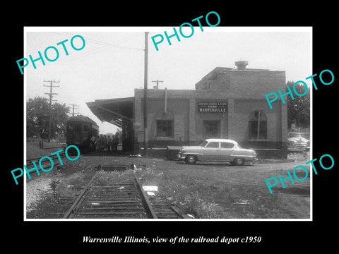 OLD LARGE HISTORIC PHOTO WARRENVILLE ILLINOIS, THE RAILROAD DEPOT STATION c1950