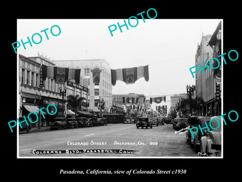 OLD LARGE HISTORIC PHOTO PASADENA CALIFORNIA, VIEW OF COLORADO ST & STORES c1930