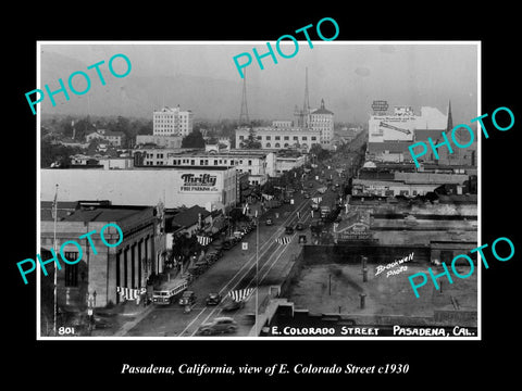 OLD LARGE HISTORIC PHOTO PASADENA CALIFORNIA, VIEW OF COLORADO ST & STORES 1930