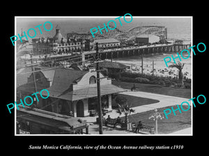 OLD LARGE HISTORIC PHOTO SANTA MONICA CALIFORNIA, OCEAN Ave TRAIN STATION c1910