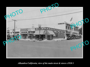 OLD LARGE HISTORIC PHOTO ALHAMBRA CALIFORNIA, VIEW OF MAIN ST & STORES c1930 2