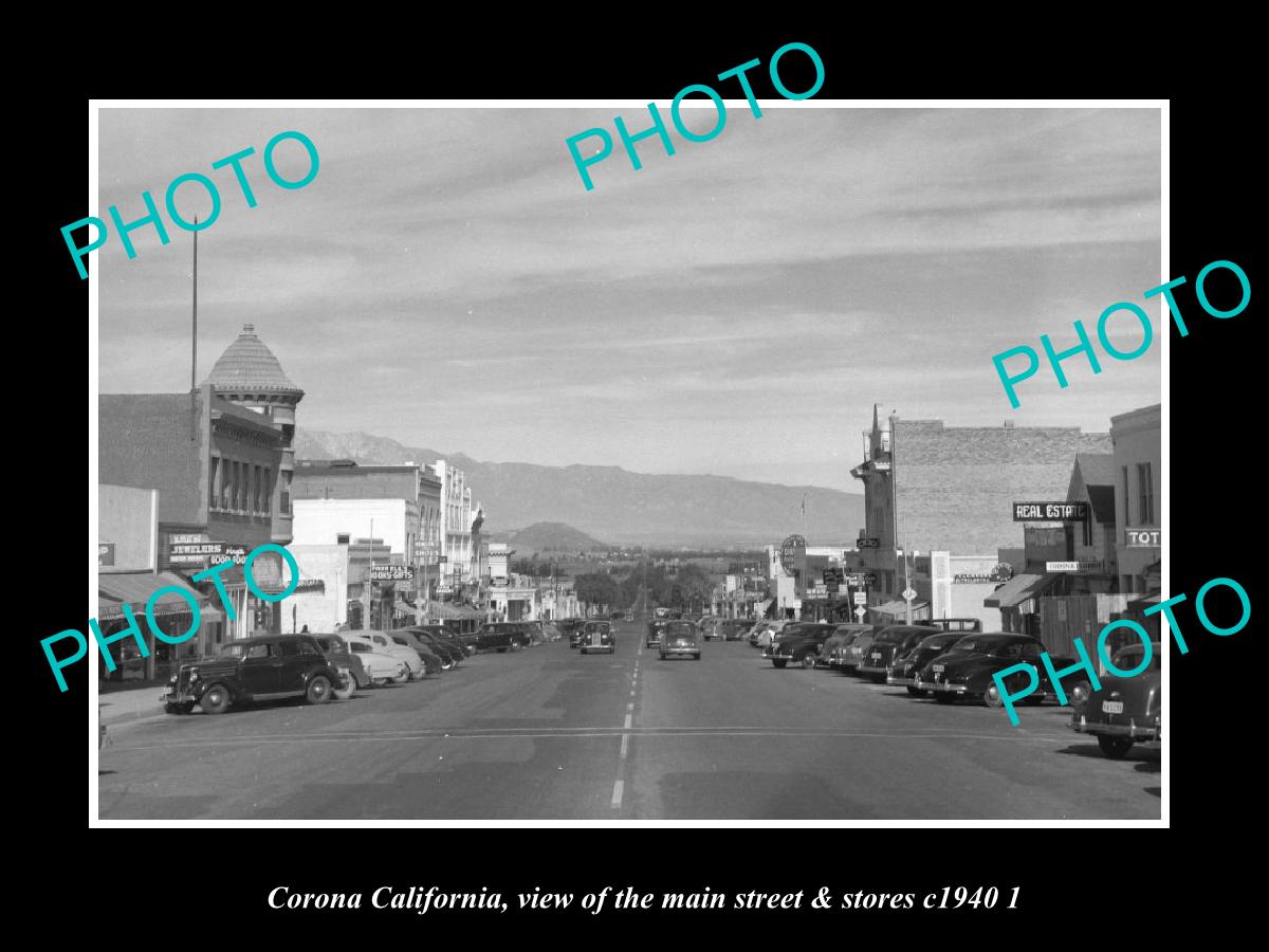 OLD LARGE HISTORIC PHOTO CORONA CALIFORNIA, VIEW OF MAIN ST & STORES c1940 1