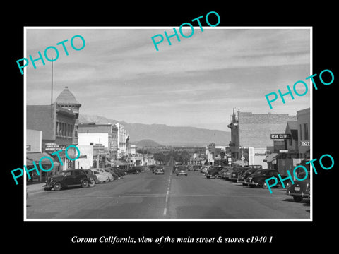 OLD LARGE HISTORIC PHOTO CORONA CALIFORNIA, VIEW OF MAIN ST & STORES c1940 1