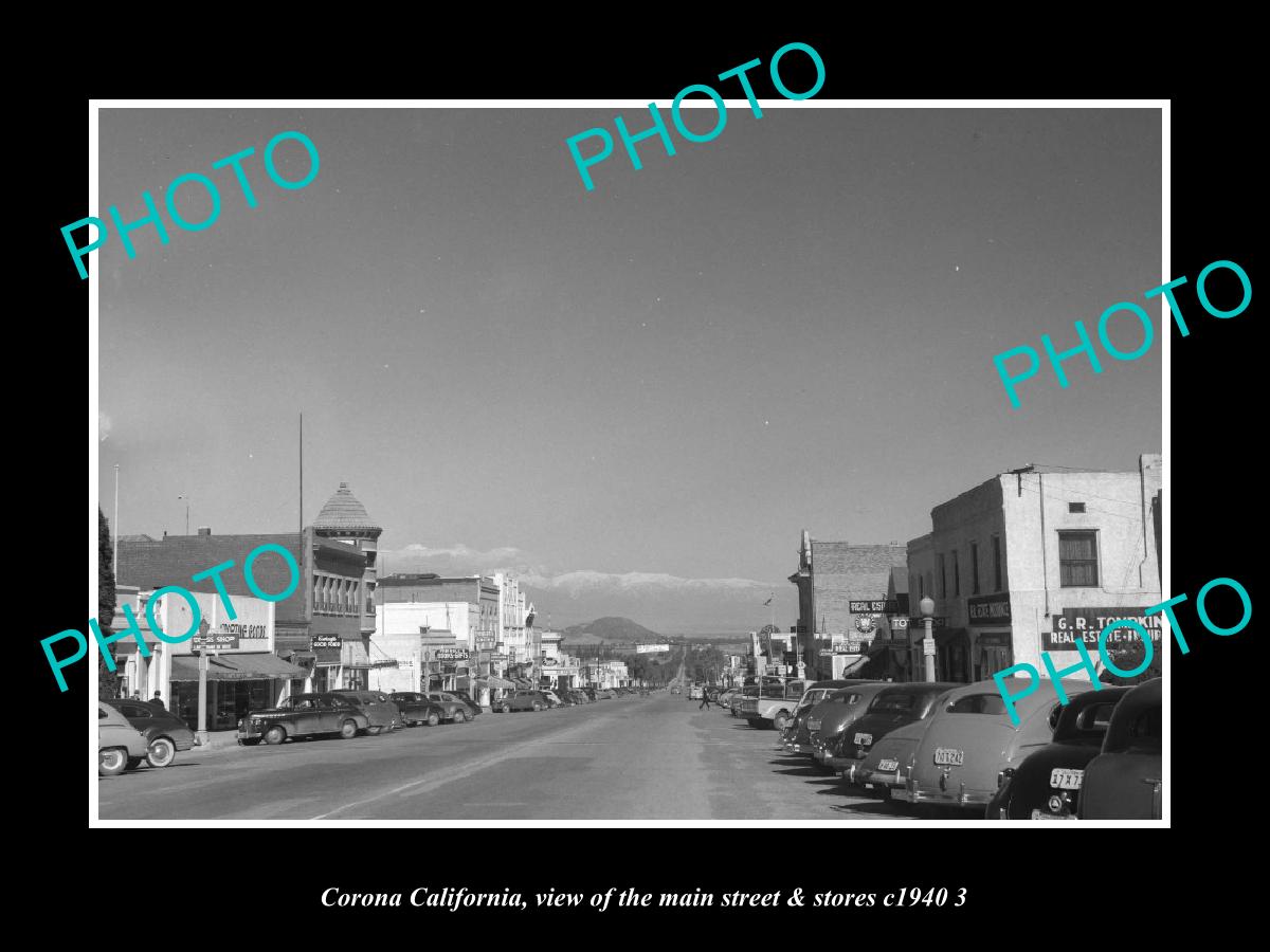 OLD LARGE HISTORIC PHOTO CORONA CALIFORNIA, VIEW OF MAIN ST & STORES c1940 3