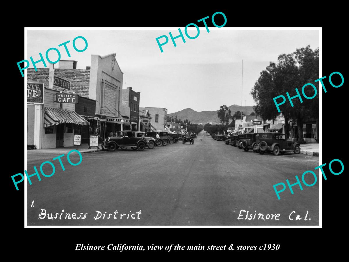 OLD LARGE HISTORIC PHOTO ELSINORE CALIFORNIA, VIEW OF MAIN ST & STORES c1930