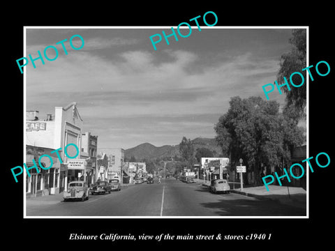 OLD LARGE HISTORIC PHOTO ELSINORE CALIFORNIA, VIEW OF MAIN ST & STORES c1940