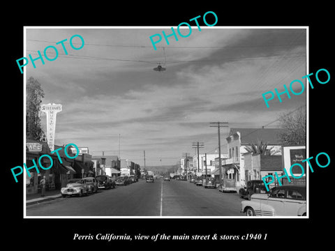 OLD LARGE HISTORIC PHOTO PERRIS CALIFORNIA, THE MAIN STREET & STORES c1940