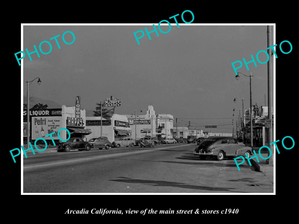 OLD LARGE HISTORIC PHOTO ARCADIA CALIFORNIA, THE MAIN ST & STORES c1940 1