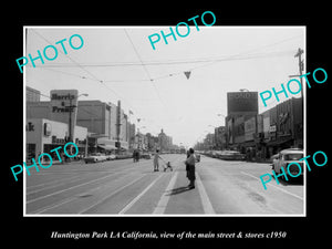 OLD LARGE HISTORIC PHOTO HUNTINGTON PARK CALIFORNIA, MAIN ST & STORES c1950