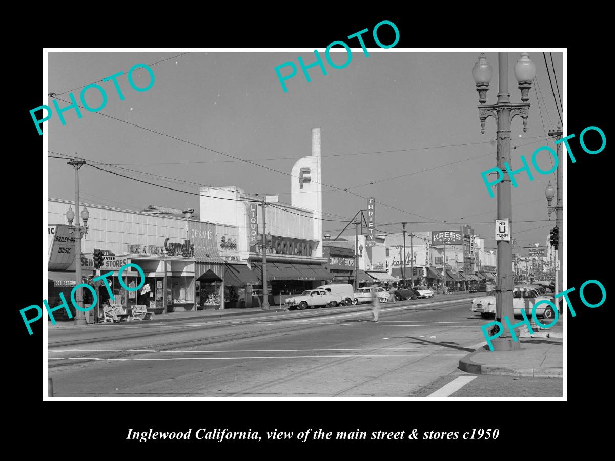 OLD LARGE HISTORIC PHOTO INGLEWOOD CALIFORNIA, THE MAIN ST & STORES c1950