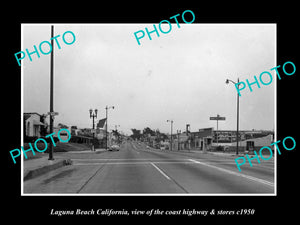 OLD LARGE HISTORIC PHOTO LAGUNA BEACH CALIFORNIA, THE HIGHWAY & STORES c1950