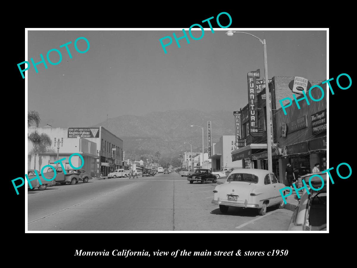 OLD LARGE HISTORIC PHOTO MONROVIA CALIFORNIA, THE MAIN ST & STORES c1950