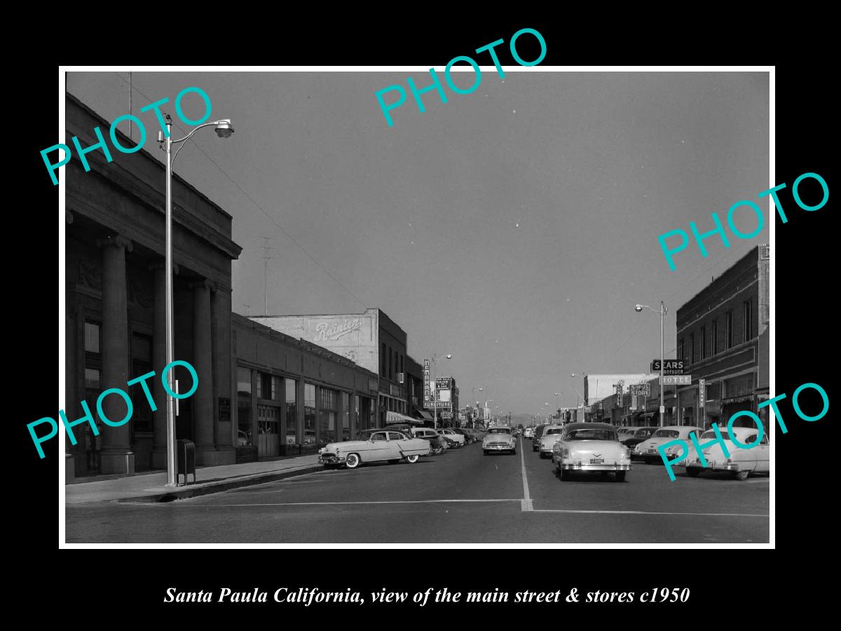 OLD LARGE HISTORIC PHOTO SANTA PAULA CALIFORNIA, THE MAIN STREET & STORES c1950